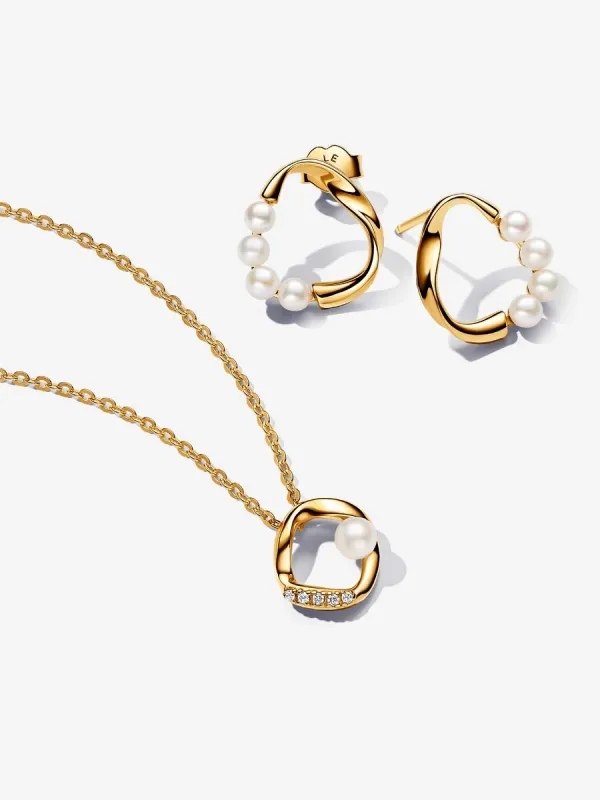 Producto Conjunto de Regalo Pendientes y Collar Círculo Perla Cultivada de Agua Dulce Imagen
